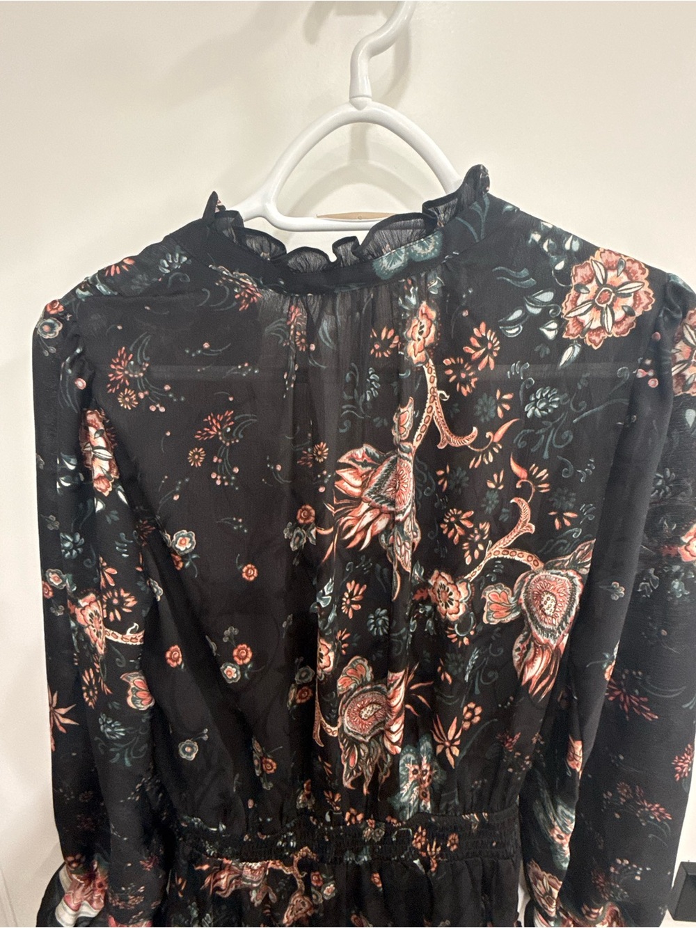 Lovestitch Black Floral Mini Fit & Flare Dress Long Bell Sleeve Size M Boho - Picture 8 of 9